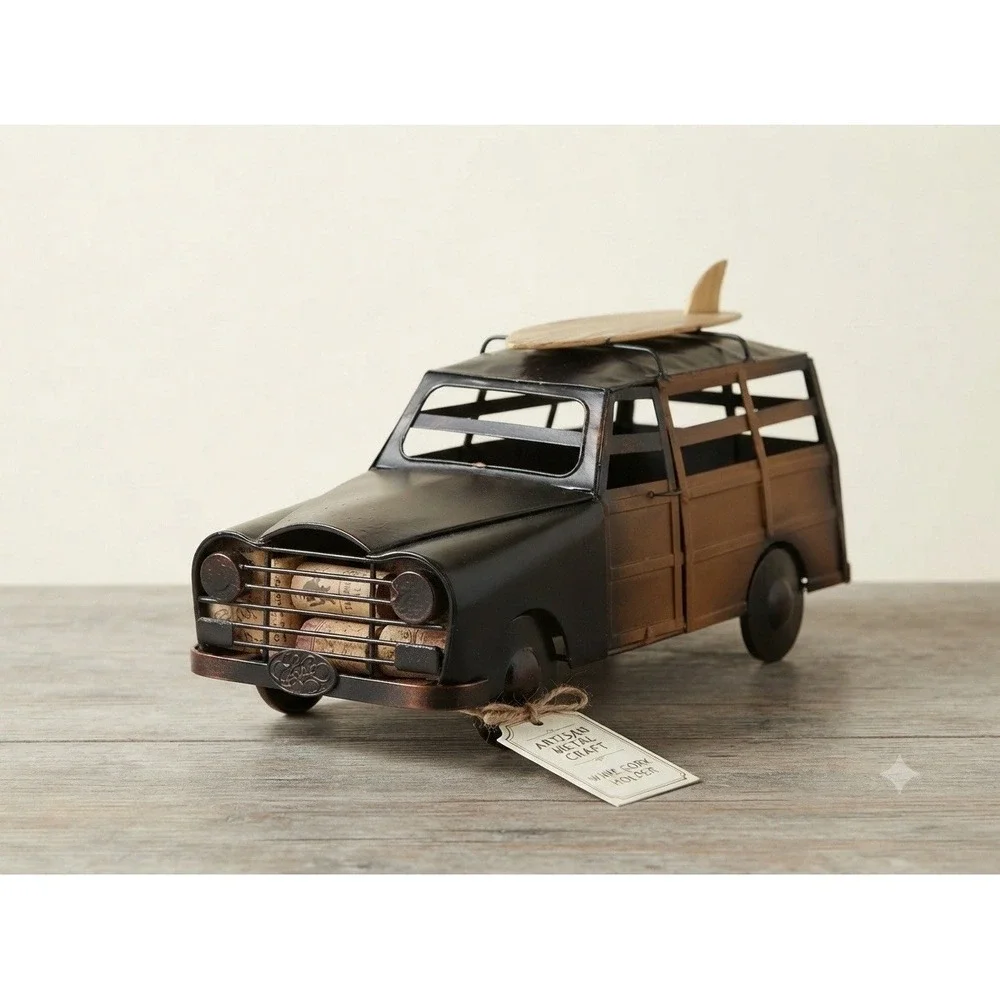 Epic Woody Cork Cage Vintage Beach Cruiser Car Wine Holder Brown Metal Surfboard